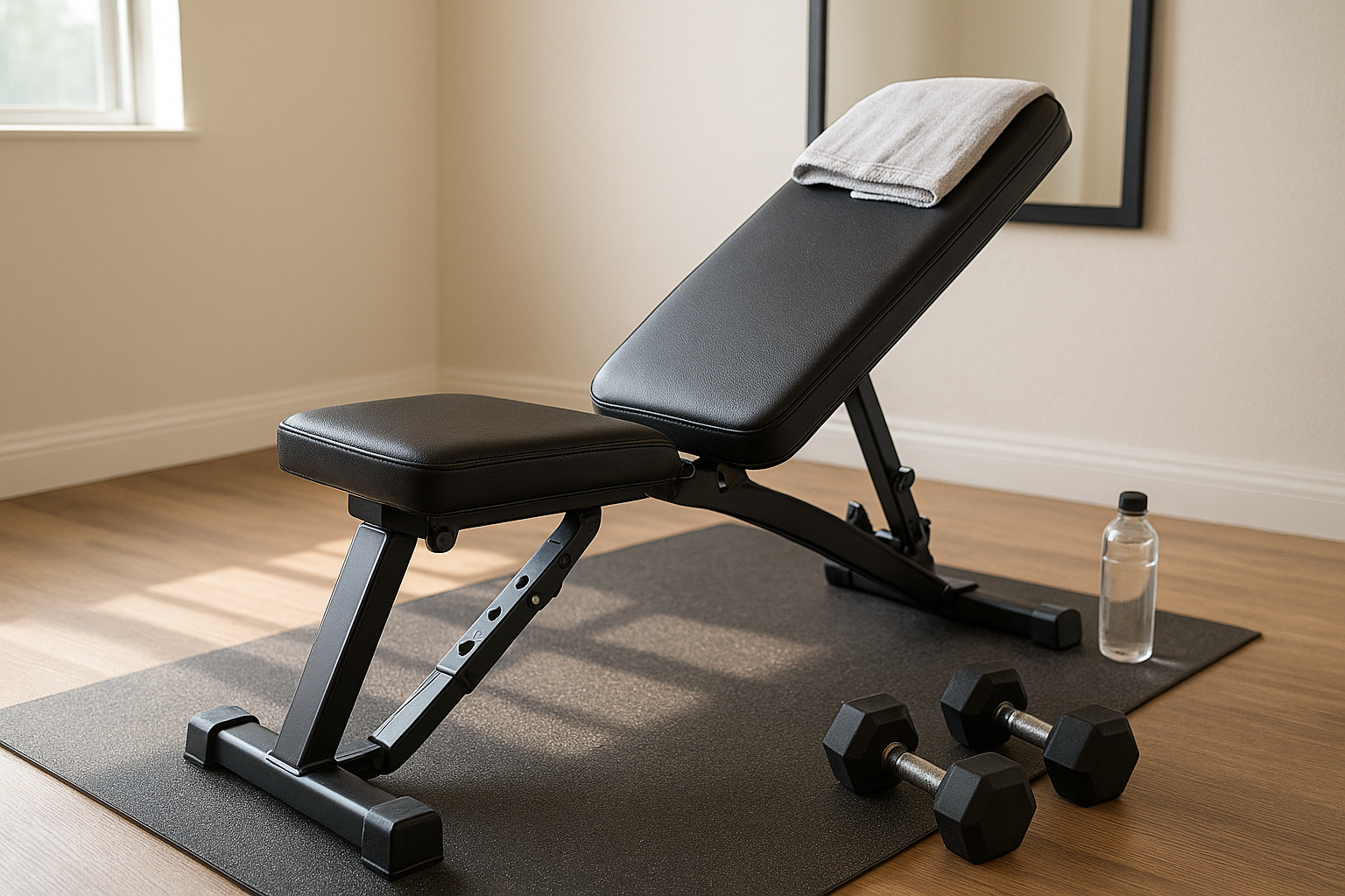 An Instagram-style photo capturing a real-life moment in a modern home gym setup, featuring a sleek adjustable weight bench as the central focus, photographed with natural lighting like a phone camera. The bench is positioned at a slight angle showing its adjustable backrest mechanism, with black padded cushioning and sturdy chrome or matte black metal frame, sitting on a clean floor with visible texture details. The authentic social media photography shows the bench in a realistic home environment with subtle background elements like a wall-mounted mirror reflecting natural daylight, a few dumbbells casually placed nearby on a rubber mat, and perhaps a water bottle or towel draped over the bench, creating an authentic everyday fitness moment. The composition features sharp focus on the bench's detailed textures including the stitching on the vinyl padding, the adjustment pins, and the non-slip foot pads, captured with the casual real-world photography style typical of TikTok fitness content. Natural lighting streams in from a nearby window creating realistic shadows and highlights across the equipment's surfaces, with lifelike colors showing the contrast between the dark upholstery and metallic frame components. The scene conveys the practical, accessible nature of home workout equipment through authentic social media photography, as if taken with a smartphone during someone's actual gym session, with realistic lighting that emphasizes the bench's sturdy construction and versatile design features.