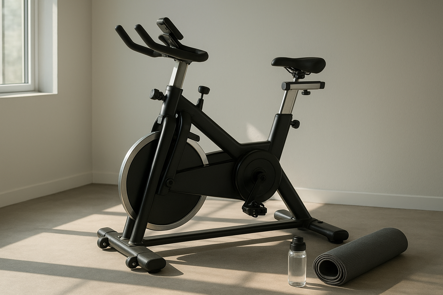 Instagram-style photo of a sleek stationary bike positioned in a modern home gym setting, captured in natural daylight streaming through nearby windows creating soft, authentic shadows on the floor. The spin bike features a matte black frame with chrome accents, adjustable handlebars, a comfortable padded seat, and a weighted flywheel visible on the side, with resistance knobs and digital display console clearly visible on the handlebars. The bike is photographed at a three-quarter angle showing its full profile against a minimalist backdrop of light gray walls, with a yoga mat rolled up nearby and a water bottle placed on the floor beside it, creating that casual real-world photography aesthetic. The composition captures the authentic textures of the bike's metal frame with realistic lighting that highlights the equipment's professional quality while maintaining that smartphone camera feel with natural colors and sharp focus on the main subject. The scene conveys an authentic everyday moment of home fitness, with subtle details like the bike's pedal straps, adjustable seat post, and sturdy base clearly visible in the detailed textures typical of TikTok real-life photos. The overall atmosphere suggests a genuine home workout space with lifelike proportions and realistic lighting that mimics what you'd see scrolling through social media fitness content, complete with that slightly casual framing and natural depth of field you get from phone cameras.