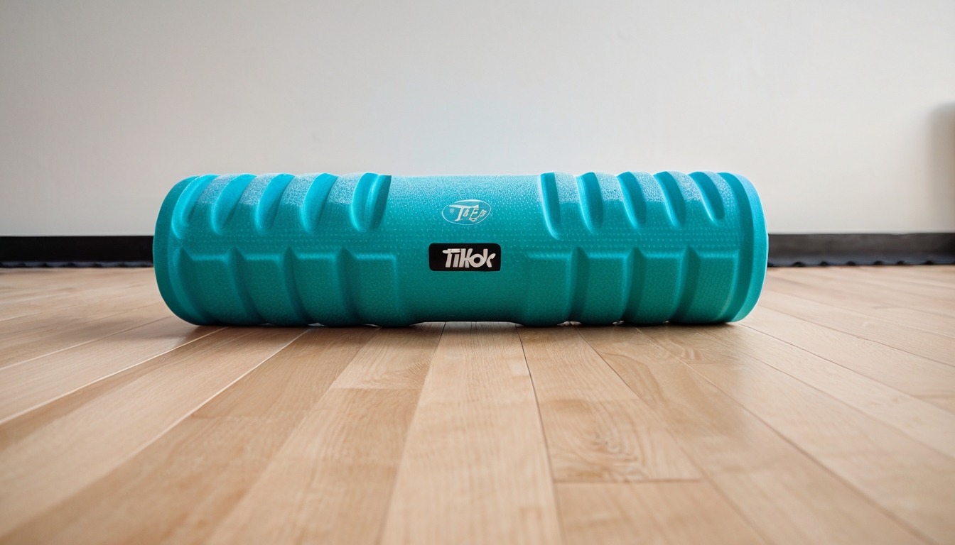 An Instagram-style photo of a foam roller positioned on a light hardwood floor in a bright, minimalist home gym corner, captured with natural lighting streaming through a nearby window creating soft shadows. The cylindrical foam roller, typically in a vibrant color like teal or black, shows its textured surface pattern in sharp focus with detailed ridges and bumps clearly visible, positioned at a slight angle on a neutral-toned yoga mat. The authentic social media photography captures the real-life moment with a smartphone camera aesthetic, showing the foam roller as the main subject with casual composition typical of fitness influencer content. In the softly blurred background, subtle elements suggest a home workout space - perhaps the edge of a kettlebell, a water bottle, or resistance bands casually placed on the floor, adding depth and context to this everyday fitness scene. The natural colors and realistic lighting create an authentic, relatable atmosphere that feels like a genuine TikTok real-life photo taken during someone's actual workout routine, with the kind of casual real-world photography style that showcases popular self-gym equipment in an approachable, lifelike way. The detailed textures of the foam material are crisp and clear, showing wear marks or slight compression that indicate real use, while the overall composition maintains the sharp focus and natural color palette characteristic of authentic social media fitness content captured as if taken with a modern smartphone camera.