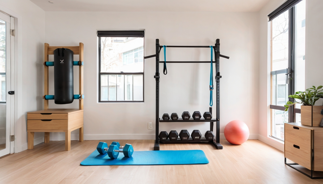 resistance bands hanging on wall hooks, a folded yoga mat leaning against the wall, adjustable dumbbells stacked on a minimalist shelf, and a foldable exercise bench positioned near the window. The apartment features light wooden floors, white walls, and contemporary furniture pushed to the sides to create workout space, with a small potted plant and water bottle visible in the frame. Sharp focus and detailed textures capture the realistic metallic finish of the weights, the rubber texture of the yoga mat, and the fabric of the resistance bands, creating an authentic everyday moment that showcases how compact exercise equipment seamlessly integrates into apartment living. The casual real-world photography composition emphasizes the space-saving vertical storage solutions and the practical yet stylish arrangement of fitness tools, with natural colors and lifelike lighting that makes the scene feel like a genuine TikTok real-life photo documenting someone's actual home workout setup in their small urban dwelling.