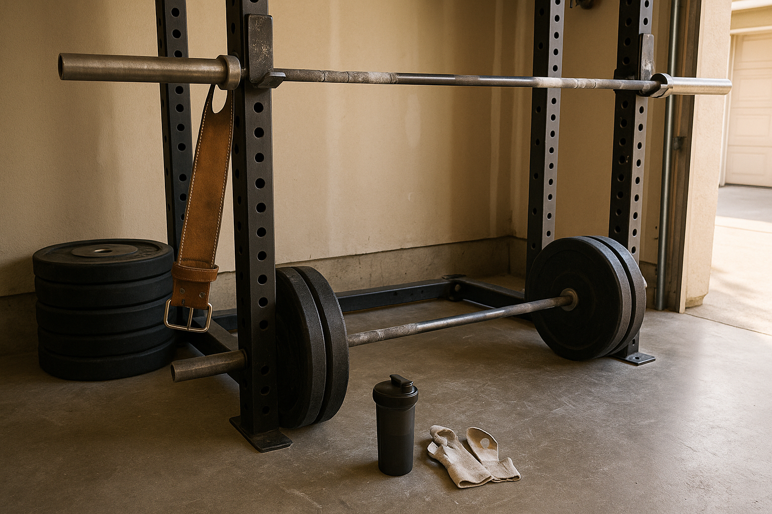 Instagram-style photo of a real-life home garage gym captured in natural lighting like a phone camera, showing authentic everyday fitness equipment that looks well-used and durable. The scene features heavy-duty weightlifting equipment including thick black rubber bumper plates stacked on the concrete floor, a sturdy power rack with visible wear marks and chalk residue on the pull-up bar, and a weathered Olympic barbell resting on J-hooks with knurling that shows signs of regular use. The garage space has realistic textures with exposed concrete flooring marked with scuff marks and chalk dust, bare drywall or painted walls, and natural afternoon sunlight streaming through a partially open garage door creating authentic shadows and depth. In the foreground, a worn leather weightlifting belt hangs from a hook, and chalk-covered hands grips are visible near a water bottle, capturing the authentic atmosphere of a serious lifter's training space. The composition is casual and real-world, shot from a standing perspective as if someone took a quick photo to share their workout space on social media, with sharp focus on the equipment details, natural colors showing the black iron, silver steel, and concrete gray tones, and realistic lighting that highlights the industrial, no-frills aesthetic of a dedicated strength training environment built to withstand heavy, intense daily use.