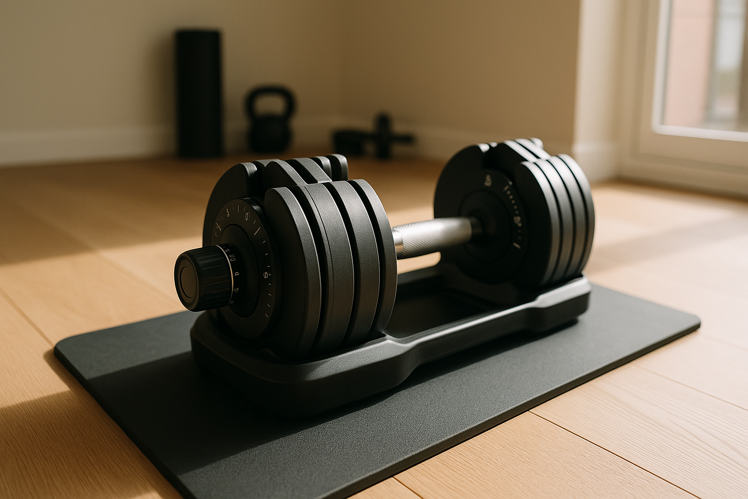 Instagram-style photo of a modern home gym setup featuring a pair of sleek adjustable dumbbells resting on a minimalist rubber mat, captured in natural morning light streaming through a nearby window. The adjustable dumbbells are metallic with textured grip handles and visible dial or pin adjustment mechanisms, photographed at a slight angle to showcase their compact design that replaces traditional weight racks. The authentic social media photography shows realistic lighting with soft shadows cast on the floor, sharp focus on the dumbbells' detailed textures including the numbered weight settings and ergonomic grips, while a blurred background reveals a clean, organized home workout space with neutral walls. The real-life moment captured conveys the space-saving benefit with the compact dumbbells positioned where an entire weight rack would typically stand, shot as if taken with a smartphone in casual real-world photography style. Natural colors emphasize the contrast between the brushed metal or black finish of the equipment against the dark gray exercise mat, with lifelike depth of field and authentic everyday aesthetic typical of fitness influencer TikTok real-life photos. The composition includes subtle environmental details like wooden flooring edges and minimal home gym accessories in soft focus, creating an aspirational yet attainable home fitness scene with realistic lighting that highlights the dumbbells' adjustable features and professional-grade construction in an authentic residential setting.