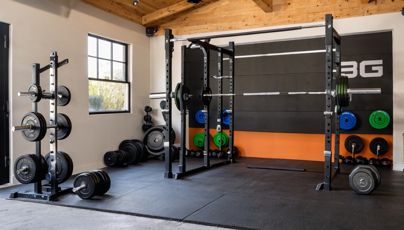 Instagram-style photo of a home garage gym captured in natural daylight streaming through an open garage door, showcasing a close-up view of professional-grade barbells and weight plates with distinctive protective finishes. The main focus is on several Olympic barbells resting on a sturdy rack, their sleek metallic surfaces displaying either a matte zinc coating or a durable Cerakote finish in dark colors like black or gunmetal gray, with sharp focus highlighting the smooth, rust-resistant texture of the metal. In the background, slightly out of focus, additional garage gym equipment is visible including weight plates stacked against the wall, a power rack, and rubber flooring, all photographed with the casual composition typical of real-life social media fitness content. The lighting is authentic and natural, as if taken with a smartphone camera, creating realistic reflections on the coated barbell surfaces and casting soft shadows that emphasize the three-dimensional quality of the equipment. The detailed textures of the protective finishes are clearly visible, showing the professional-grade quality of the gym equipment, with natural color tones that capture the industrial yet personal atmosphere of a dedicated home workout space. The scene conveys an authentic everyday moment of someone documenting their garage gym setup, with the kind of realistic depth of field and natural lighting characteristic of TikTok real-life photos or Instagram fitness posts, where the emphasis is on the practical, durable nature of well-maintained workout equipment in a real-world home setting.