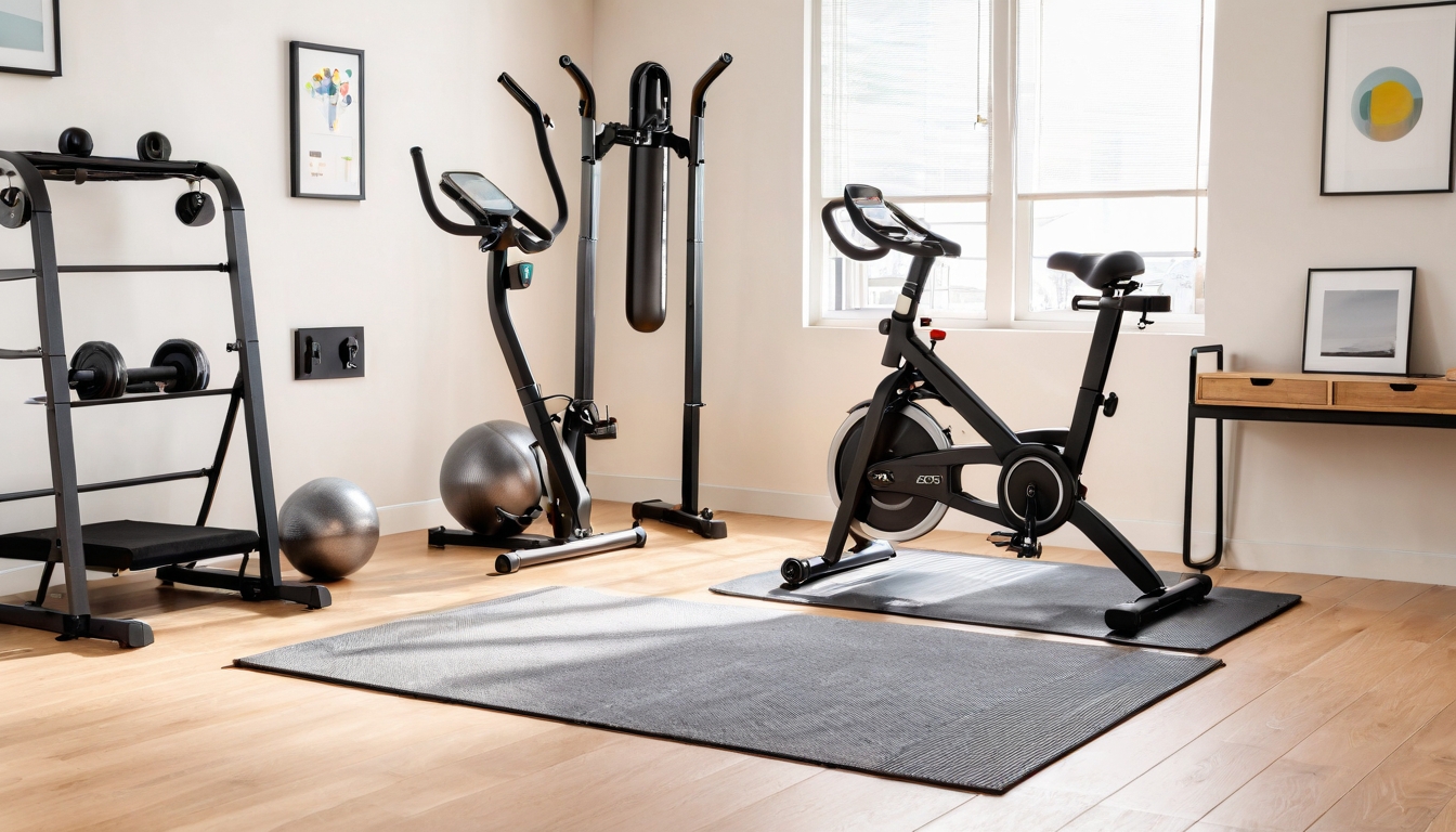 Instagram-style photo of a modern home gym setup featuring popular foldable fitness equipment in a bright, naturally-lit room. The authentic social media photography captures a real-life moment showing a sleek foldable exercise bike in its collapsed state, measuring less than 10 inches thick, positioned next to a compact treadmill that's folded upward against a white wall. The realistic lighting from a nearby window illuminates the detailed textures of the equipment's metal frames, padded seats, and rubber wheels designed for easy movement. The casual real-world photography shows the space-saving storage solutions with the bike partially tucked under a bed frame visible in the background, while another piece of equipment stands in an open closet doorway. The lifelike scene includes natural colors of black, silver, and gray equipment against warm wooden flooring, with sharp focus on the compact design and practical storage features. The TikTok real-life photo aesthetic captures an authentic everyday moment of home fitness organization, as if taken with a smartphone, showing how the equipment seamlessly fits into a typical bedroom or living space. The detailed textures show the folding mechanisms, handlebar grips, and small transport wheels clearly visible in the natural lighting like a phone camera would capture, emphasizing the practical, space-efficient nature of modern home gym equipment that can be easily stored behind furniture or in tight spaces.