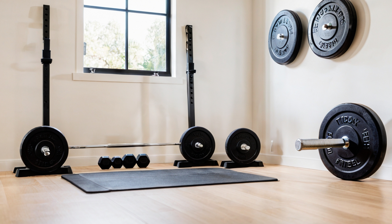 Instagram-style photo of a home gym corner captured in natural daylight streaming through a nearby window, featuring a sleek chrome barbell resting on a rubber mat floor with multiple weight plates stacked neatly beside it. The barbell's knurled grip catches the natural lighting like a phone camera would capture, showing detailed textures and realistic metallic sheen, while various sized black iron weight plates lean against a minimalist white wall, displaying their authentic worn surfaces and weight markings. The composition is casual and authentic, as if taken with a smartphone by a fitness enthusiast documenting their personal workout space, with sharp focus on the equipment in the foreground and a subtle depth of field blur showing additional gym equipment in the background. The scene captures a real-life moment in someone's dedicated home fitness area, with natural colors showing the contrast between the polished steel of the barbell, the matte black of the weight plates, and the textured rubber flooring, creating an aspirational yet achievable home gym aesthetic typical of fitness content on TikTok and Instagram. The lighting is soft and natural, avoiding harsh shadows, giving the image that authentic social media photography feel where the equipment looks both functional and aesthetically pleasing in an everyday residential setting.