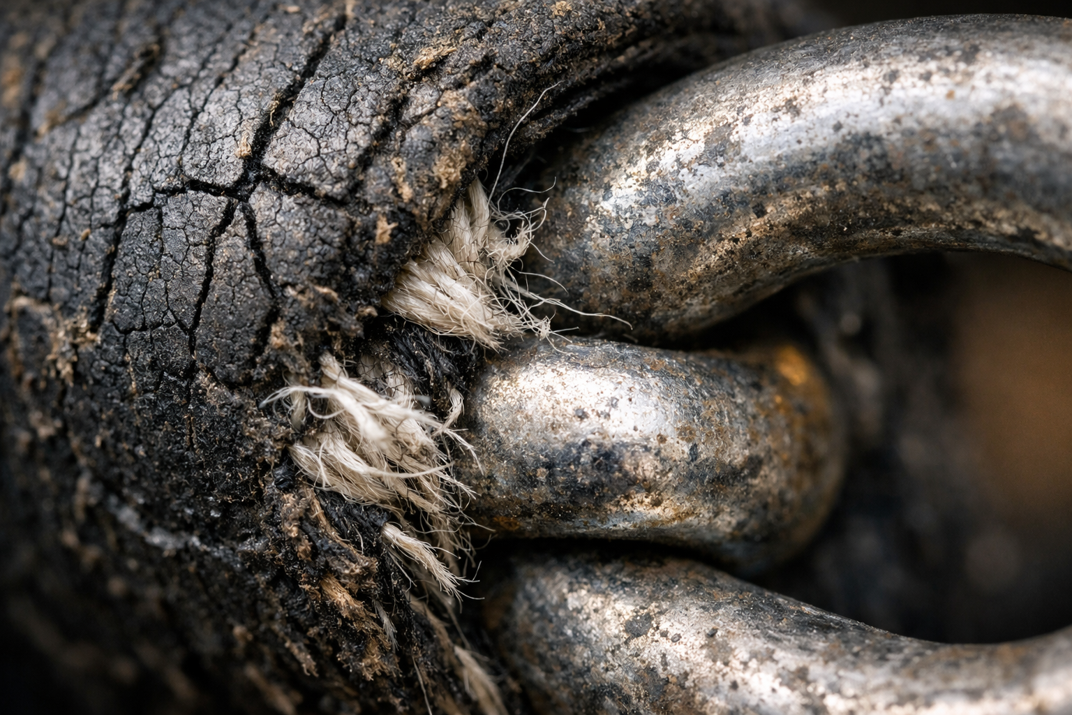 Extreme close-up macro photograph of a worn, frayed nylon resistance band or gym cable attachment point where the metal carabiner meets the frayed rubber casing, showing micro-tears and stress fractures in the material surface. The texture fills the entire frame — cracked rubber, split fibers, and oxidized metal visible in sharp detail. Natural diffused gym lighting catches every groove and split in the degraded material, with warm ambient light raking across the surface to emphasize depth and damage. The colors shift from faded black rubber to silver-grey metal, with tiny threads of white nylon unraveling at the stress point. Photorealistic, tactile, and raw — shot with a macro lens at f/2.8, shallow depth of field, no people, no text, no labels.