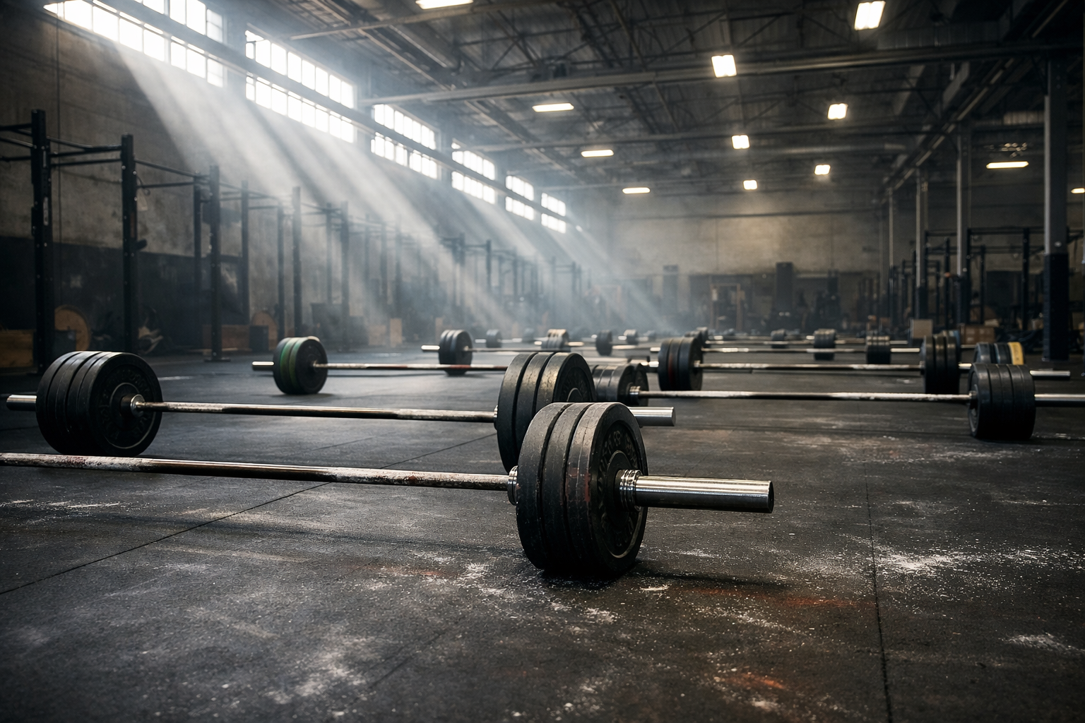 A wide environmental shot of a large, open commercial gym floor captured from a distance, showing rows of barbells racked at floor level with weight plates loaded along the sides, the space bathed in cool industrial overhead lighting filtered through high warehouse-style windows casting long natural rays across the rubber flooring. Scattered across the black rubberized floor in the midground are subtle dark streaks and faint reddish-brown scuff marks along the lower shin-height portions of several barbells, telling a story without any person present. The wide pull-back reveals the full scale of the lifting area — the vastness of the space, the high ceilings, the chalk dust hanging faintly in the air, empty lifting platforms stretching back into the depth of the frame, with no people visible and no text or labels anywhere in the scene, conveying a quiet, aftermath atmosphere of hard training in an authentic, gritty fitness environment.