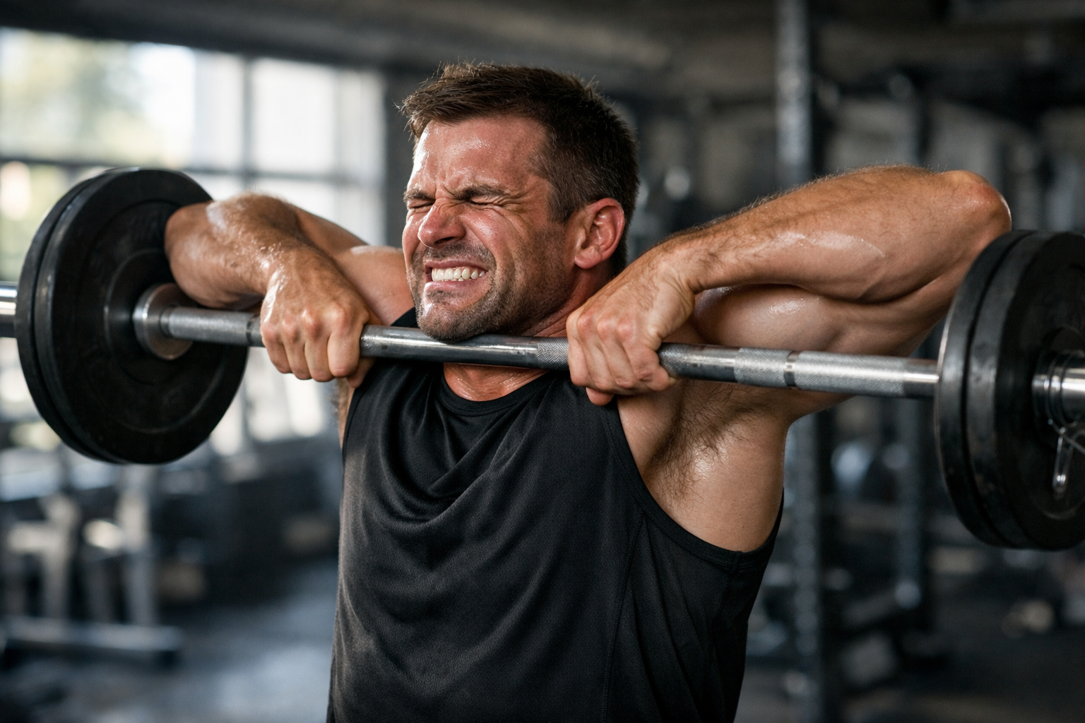 A male athlete in his mid-thirties is captured mid-repetition performing an upright barbell row inside a gym, arms raised with elbows flared high above shoulder level, the barbell lifted to chin height — the precise moment of maximum shoulder impingement position frozen in sharp focus. His face shows visible strain and discomfort, grimacing slightly as the movement peaks, deltoids and trapezius muscles fully engaged under tension. Natural light streams through large gym windows, casting realistic shadows across his athletic build and the silver barbell. The background shows blurred weight racks and rubber flooring, keeping the dynamic action sharp in the foreground. Shot from a slightly low three-quarter angle to emphasize the upward motion and the problematic elbow-above-wrist mechanics, authentic documentary-style sports photography with no text or graphics visible anywhere in the frame.
